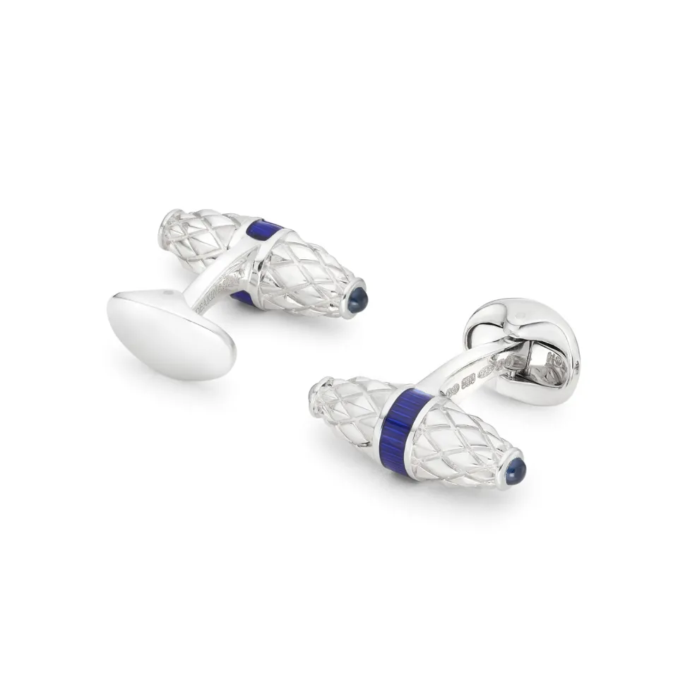 Sterling Silver Fancy Bar Cufflinks With Royal Blue Enamel Centre And