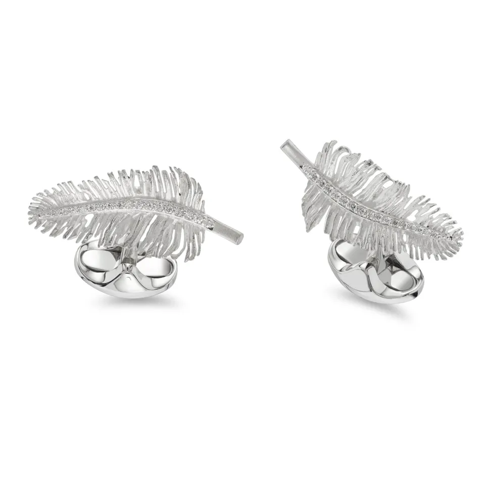 Sterling Silver Feather Cufflinks With Diamond Detail