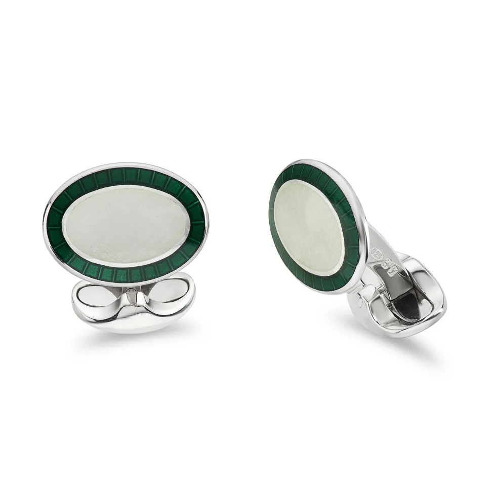 Sterling Silver Green & White Enamel Cufflinks