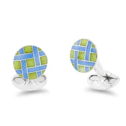 Sterling Silver Green And Blue Enamel Lattice Design Cufflinks