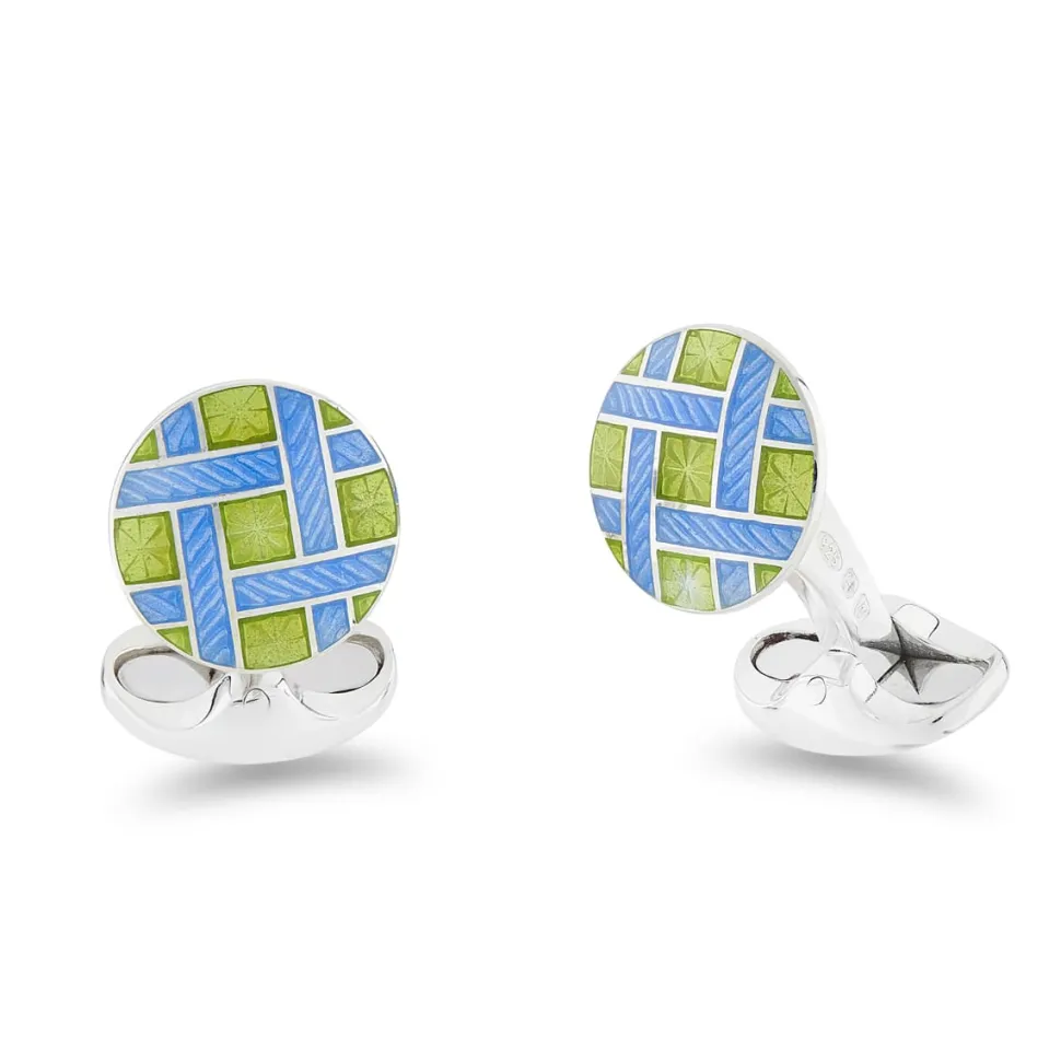 Sterling Silver Green And Blue Enamel Lattice Design Cufflinks