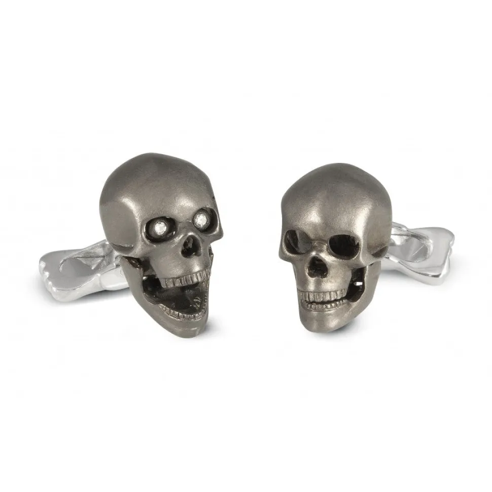 Sterling Silver Grey Skull Cufflinks with Diamond Eyes
