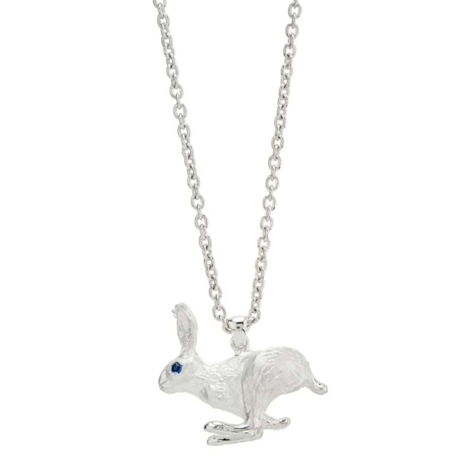 Sterling Silver Hare With Sapphire Eyes Pendant In Matte Finish and Ch