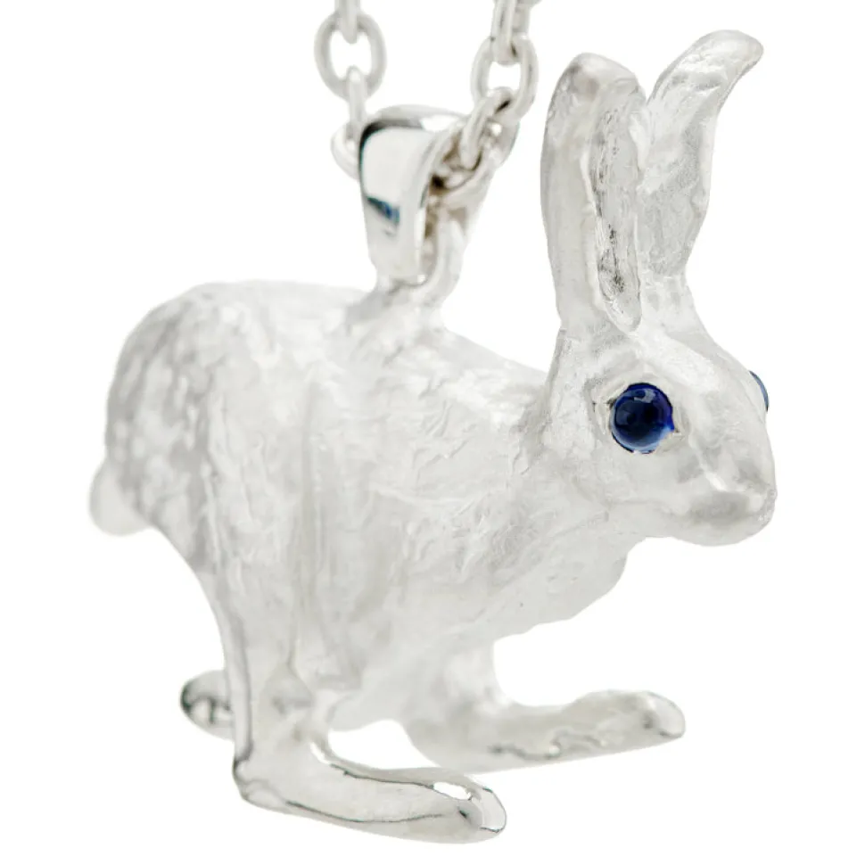 Sterling Silver Hare With Sapphire Eyes Pendant In Matte Finish and Ch