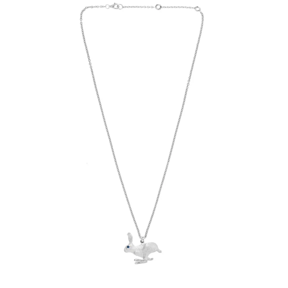 Sterling Silver Hare With Sapphire Eyes Pendant In Matte Finish and Ch