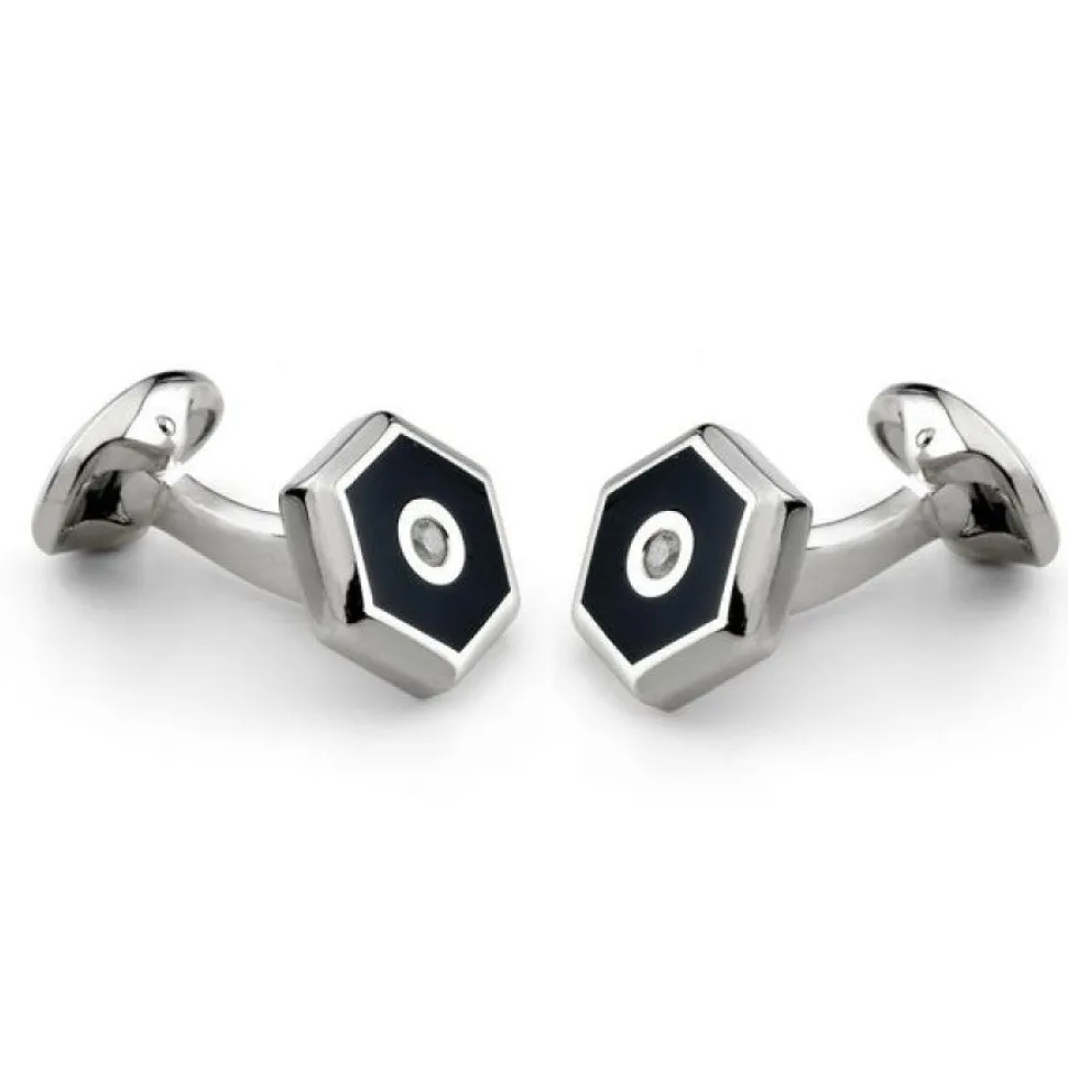 Sterling Silver Hexagonal Cufflinks with Onyx and Diamond