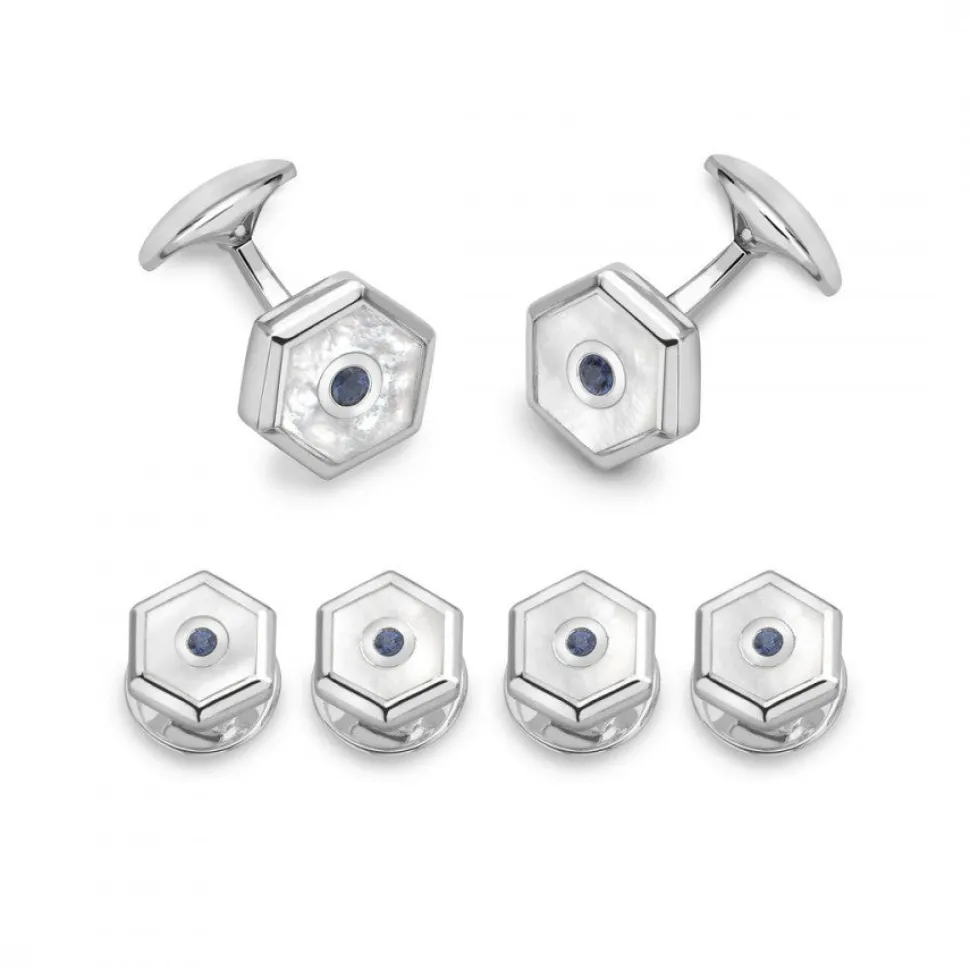 Sterling Silver Hexagonal Dress Stud Set - Mother-of-Pearl & Sapphire
