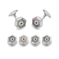 Sterling Silver Hexagonal Grey Mother Of Pearl And Sapphire Dress Set