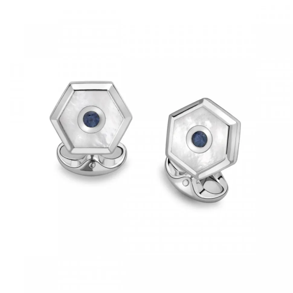 Sterling Silver Hexagonal Dress Stud Set - Mother-of-Pearl & Sapphire