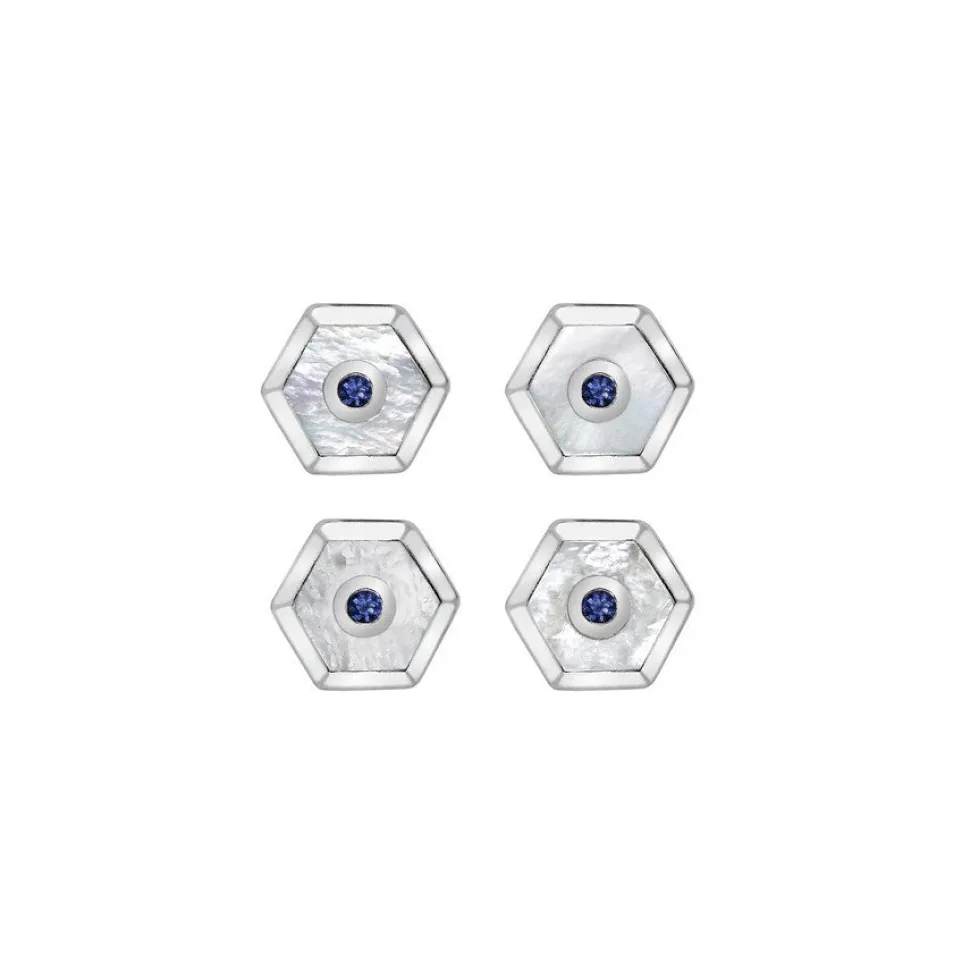 Sterling Silver Hexagonal Dress Stud Set - Mother-of-Pearl & Sapphire