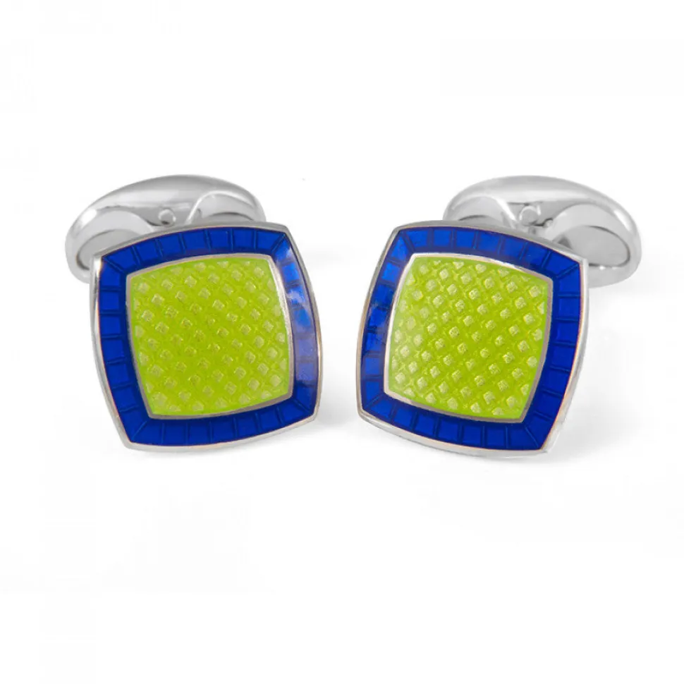 Sterling Silver Lime Green Enamel Cufflinks with Nitric Blue Border