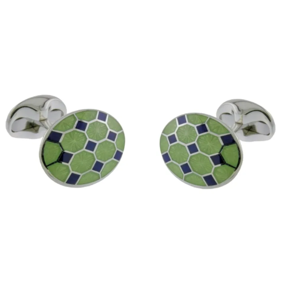 Sterling Silver Lime Green And Navy Blue Enamel Pattern Cufflinks