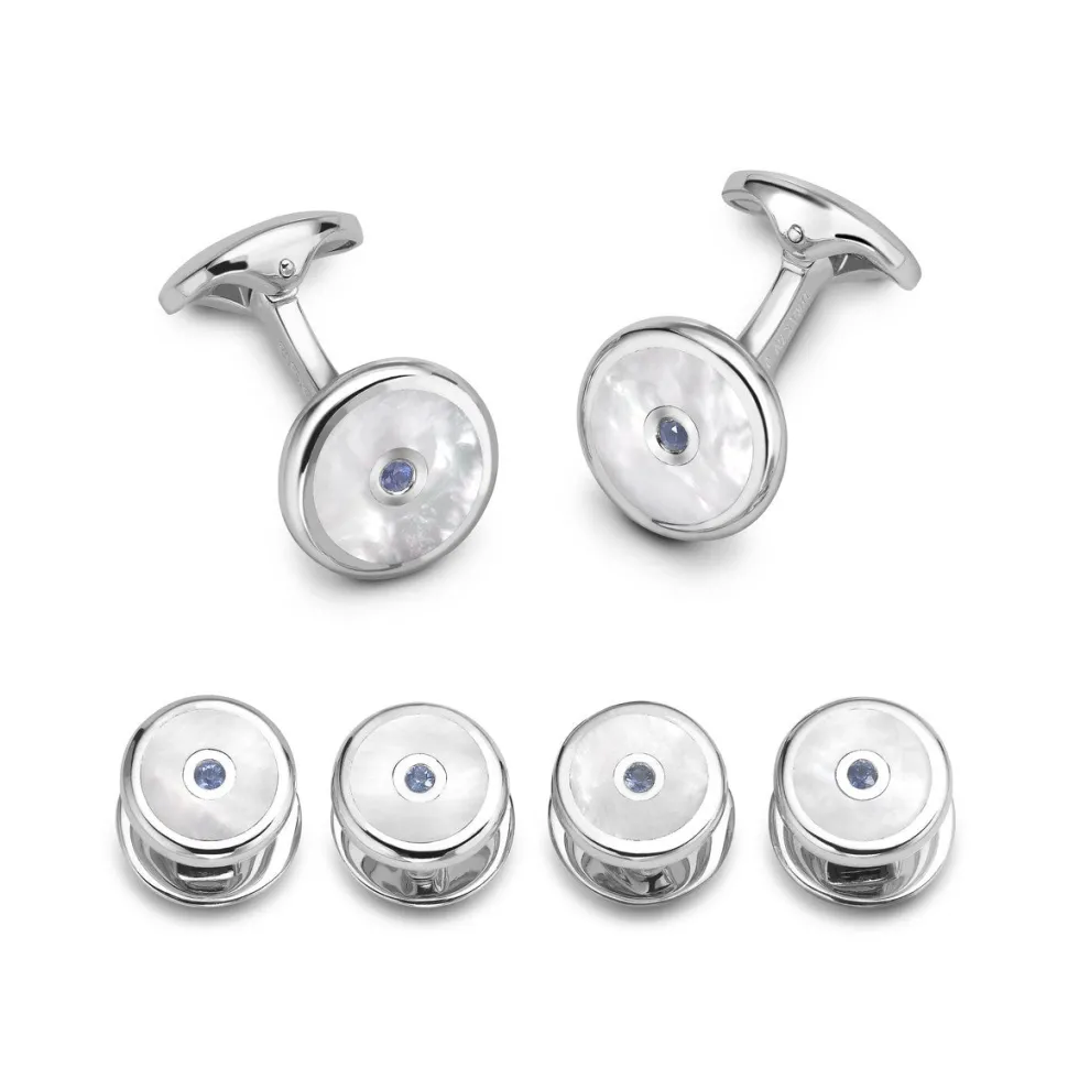 Sterling Silver Mother Of Pearl And Sapphire Dress Set