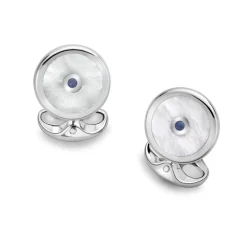 Sterling Silver Mother of Pearl and Sapphire Round Cufflinks