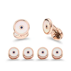 Sterling Silver Mother Of Pearl And Sapphire Dress Set In Rose Gold