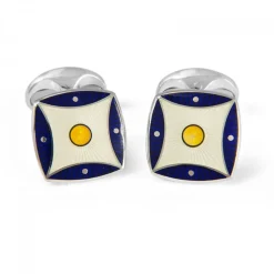 Sterling Silver Navy Blue & Yellow Pattern Enamel Cufflinks