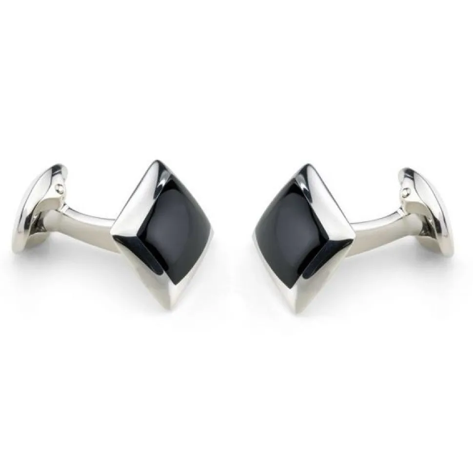 Sterling Silver Oblong Cufflinks with Onyx Inlay