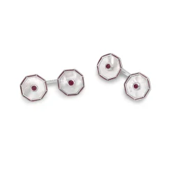 Sterling Silver Octagonal Cufflinks with Mother-of-Pearl and Ruby