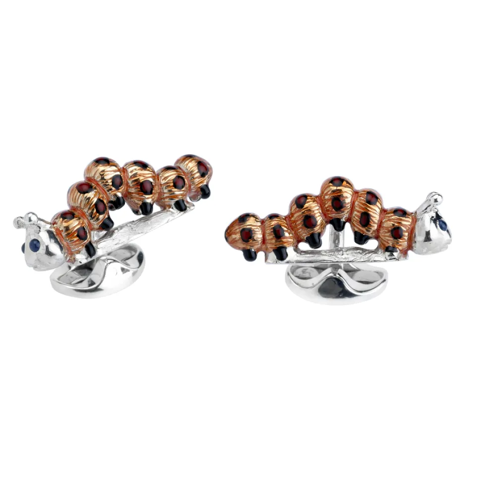 Sterling Silver Orange and Red Enamel Caterpillar Cufflinks