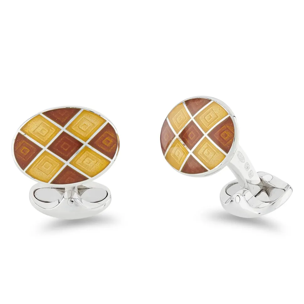 Sterling Silver Orange And Yellow Chequer Pattern Cufflinks