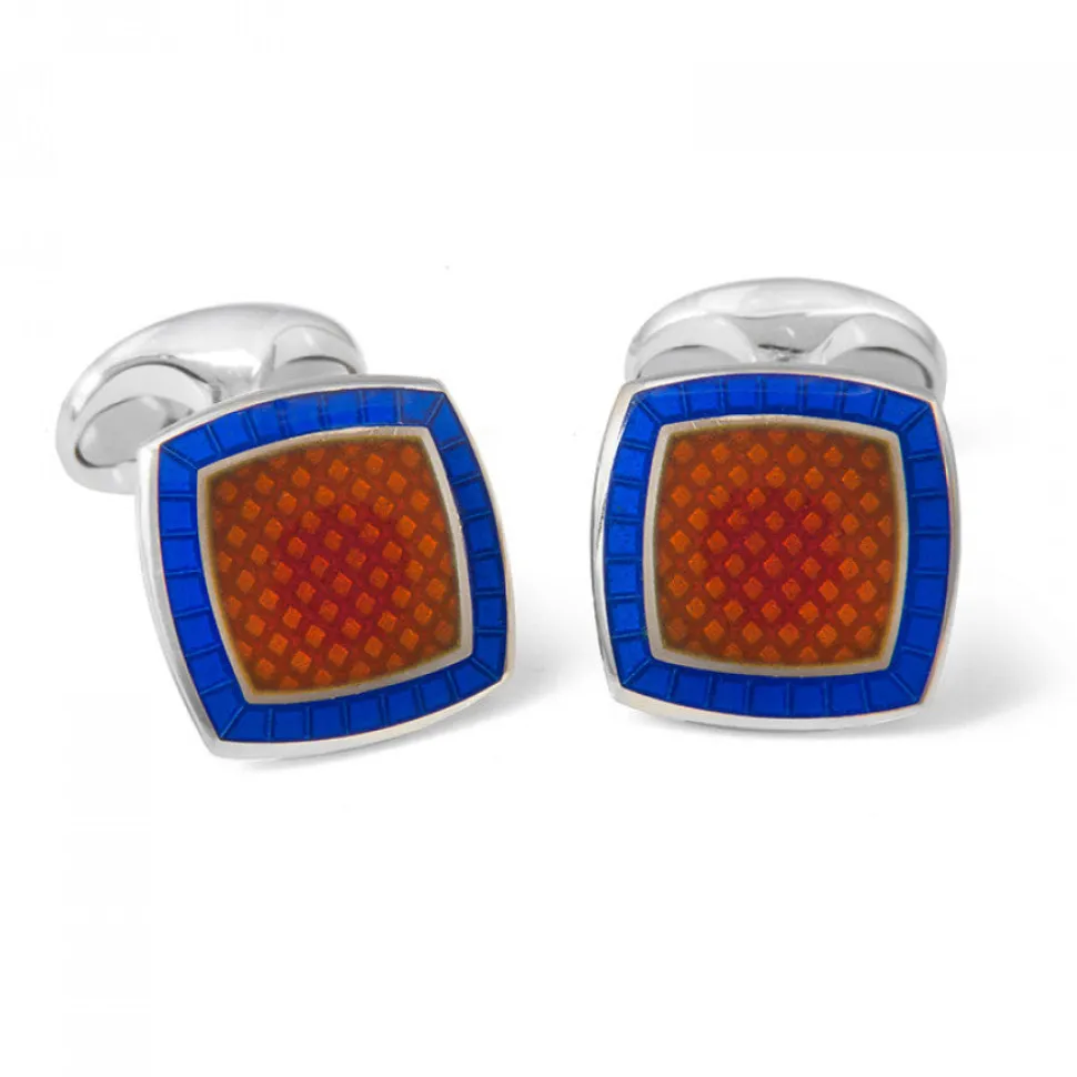 Sterling Silver Orange Enamel Cufflinks with Royal Blue Border