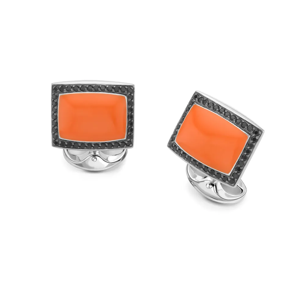 Sterling Silver Orange Enamel Cufflinks With Black Spinel Border