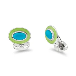 Sterling Silver Oval Cabochon Turquoise Cufflinks With Lime Green Enam