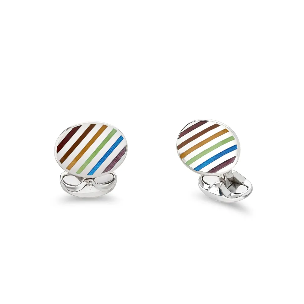 Sterling Silver Oval Rainbow Enamel Stripe Cufflinks