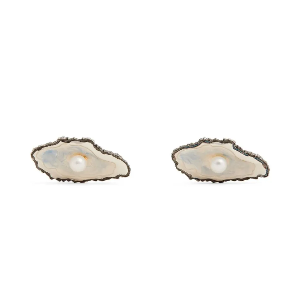 Sterling Silver Oxidised Oyster And Pearl Cufflinks