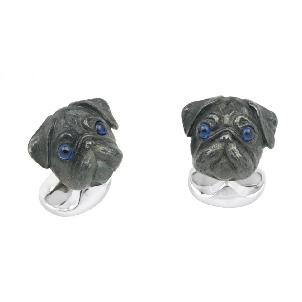 Sterling Silver Oxidised Pug Head Cufflinks