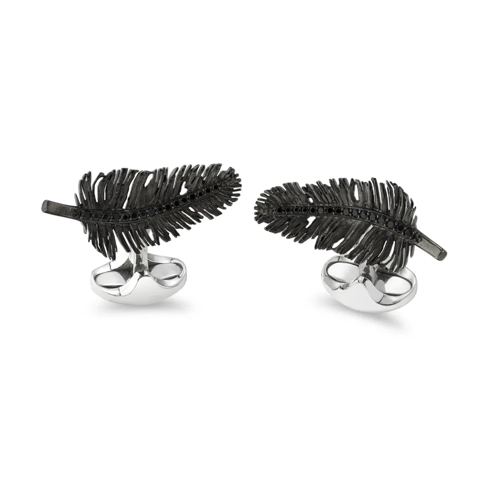 Sterling Silver Oxidised Feather Cufflinks With Black Spinel