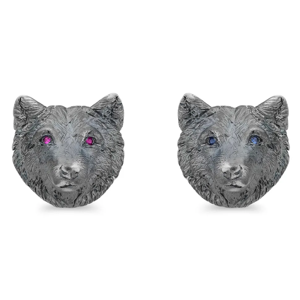 Sterling Silver Oxidised Nice & Angry Wolf Cufflinks with Sapphire/Rub