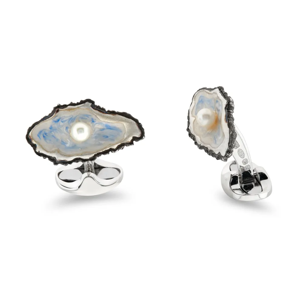 Sterling Silver Oxidised Oyster And Pearl Cufflinks