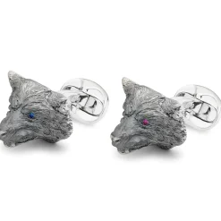 Sterling Silver Oxidised Nice & Angry Wolf Cufflinks with Sapphire/Rub