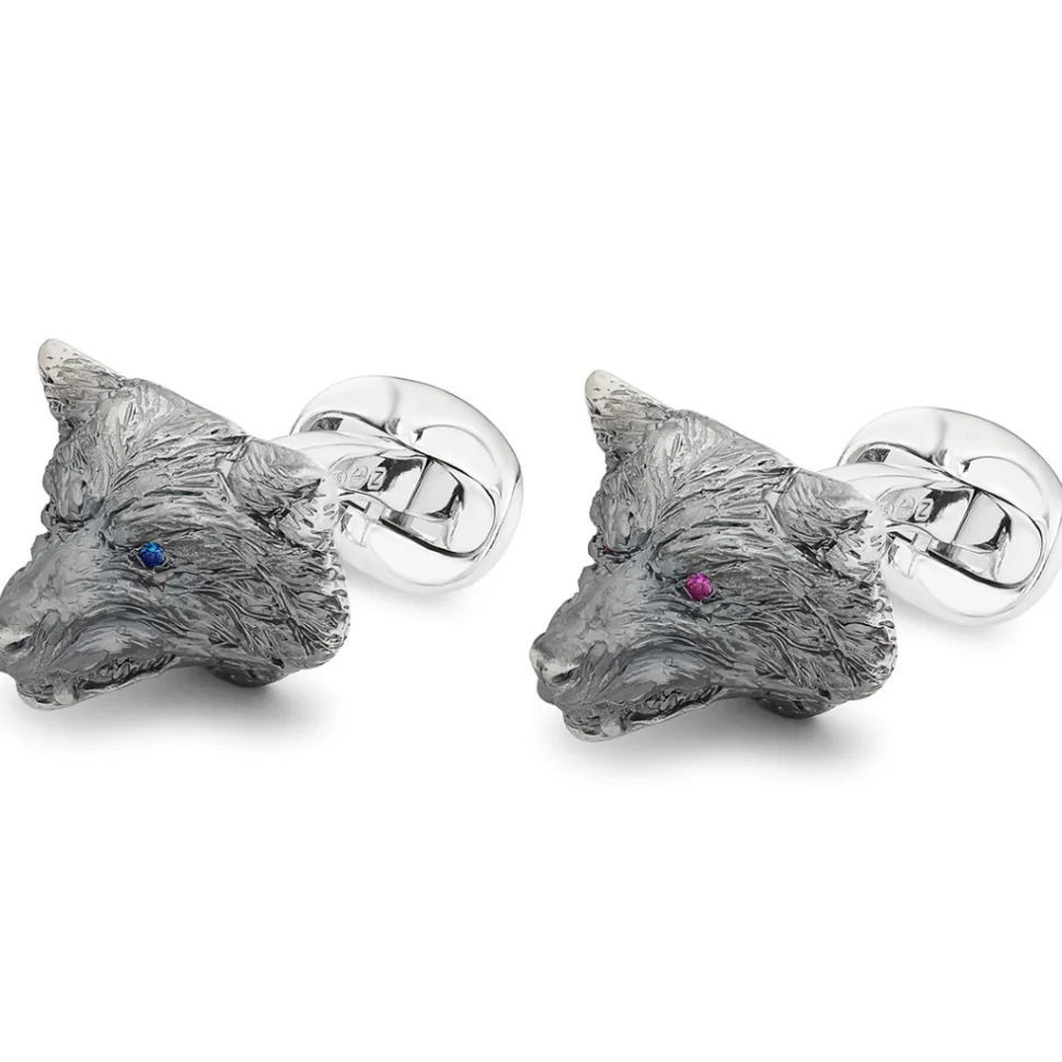 Sterling Silver Oxidised Nice & Angry Wolf Cufflinks with Sapphire/Rub