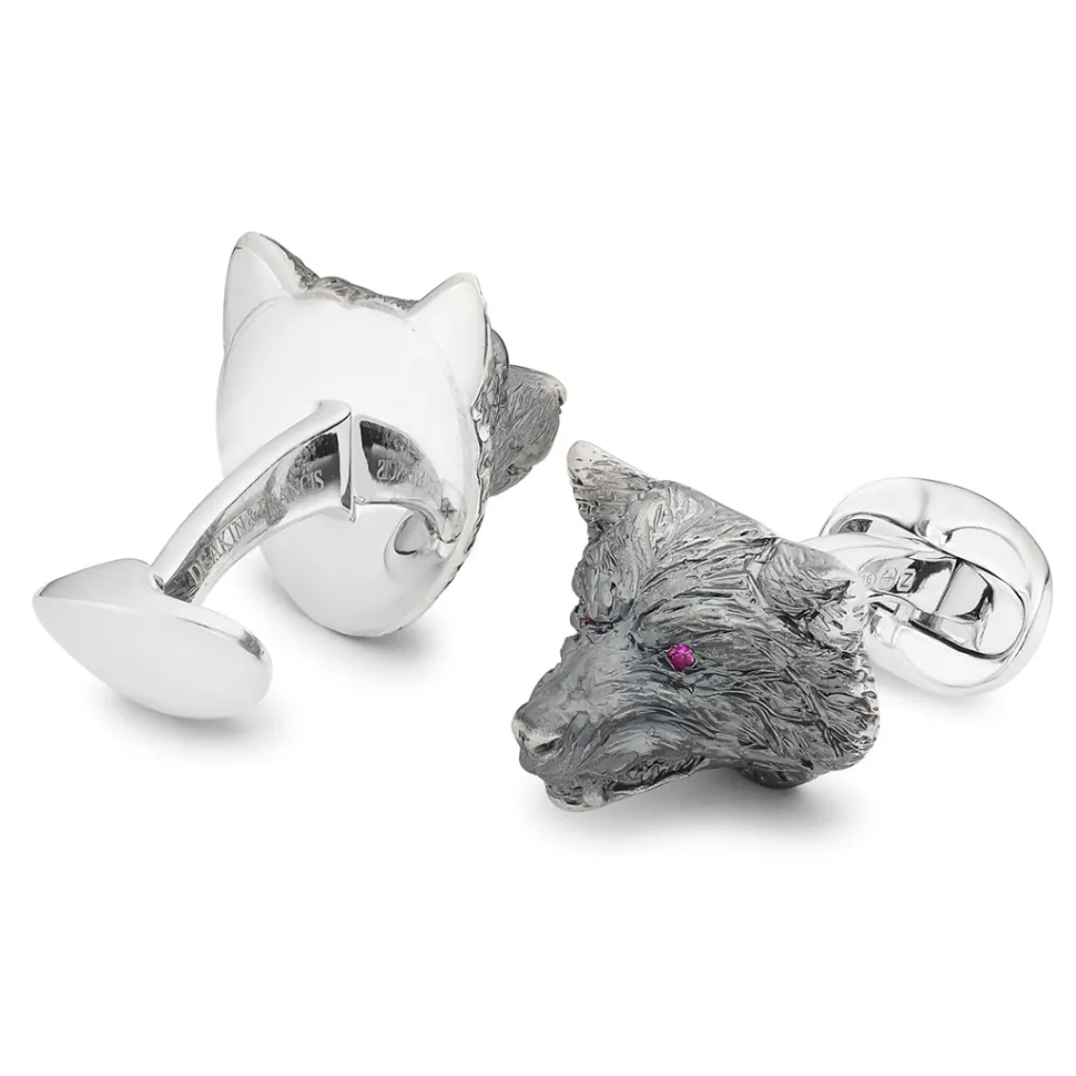Sterling Silver Oxidised Nice & Angry Wolf Cufflinks with Sapphire/Rub