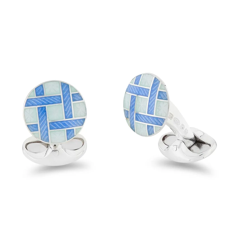 Sterling Silver Pale Blue And Bright Blue Enamel Lattice Design Cuffli