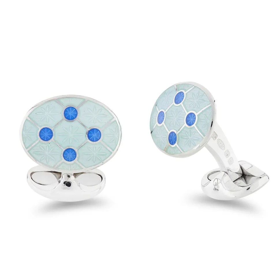 Sterling Silver Pale Blue Enamel Cufflinks With Blue Enamel Dot Design