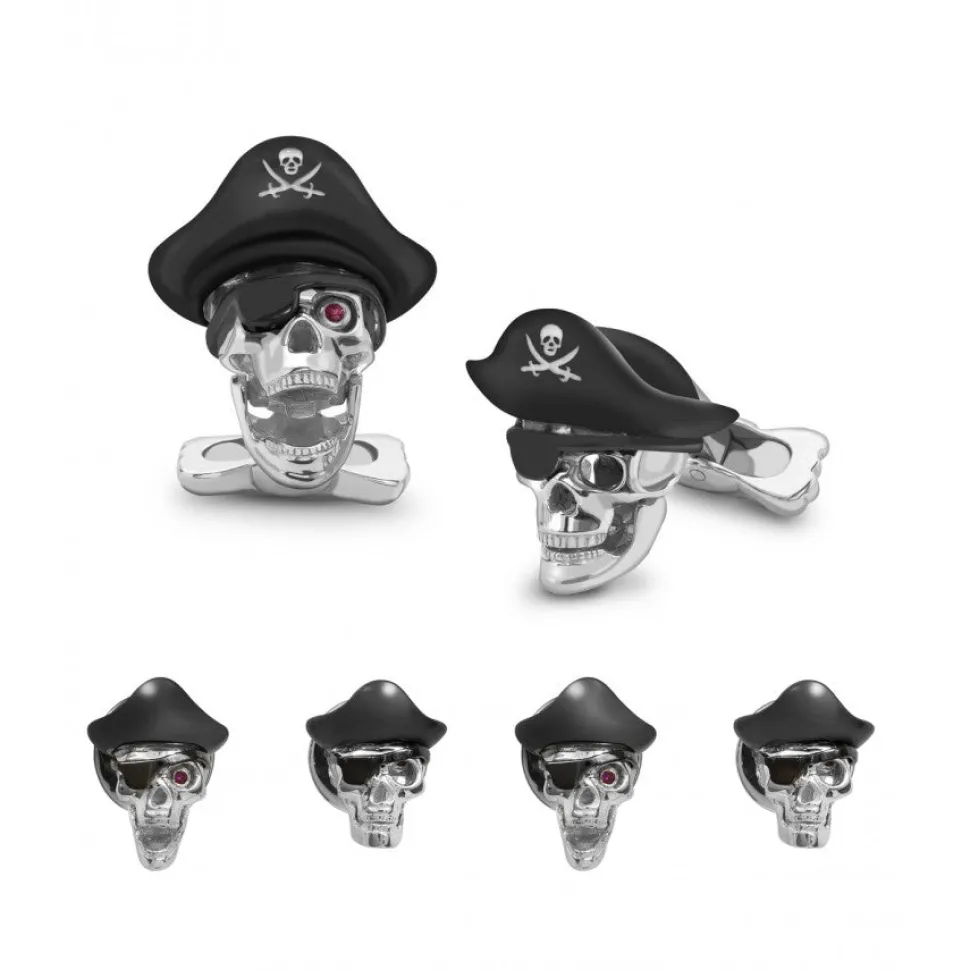 Sterling Silver Pirate Hat Skull Dress Stud Set with Ruby Eyes