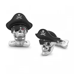 Sterling Silver Pirate Skull Cufflinks with Hat and Ruby Eyes