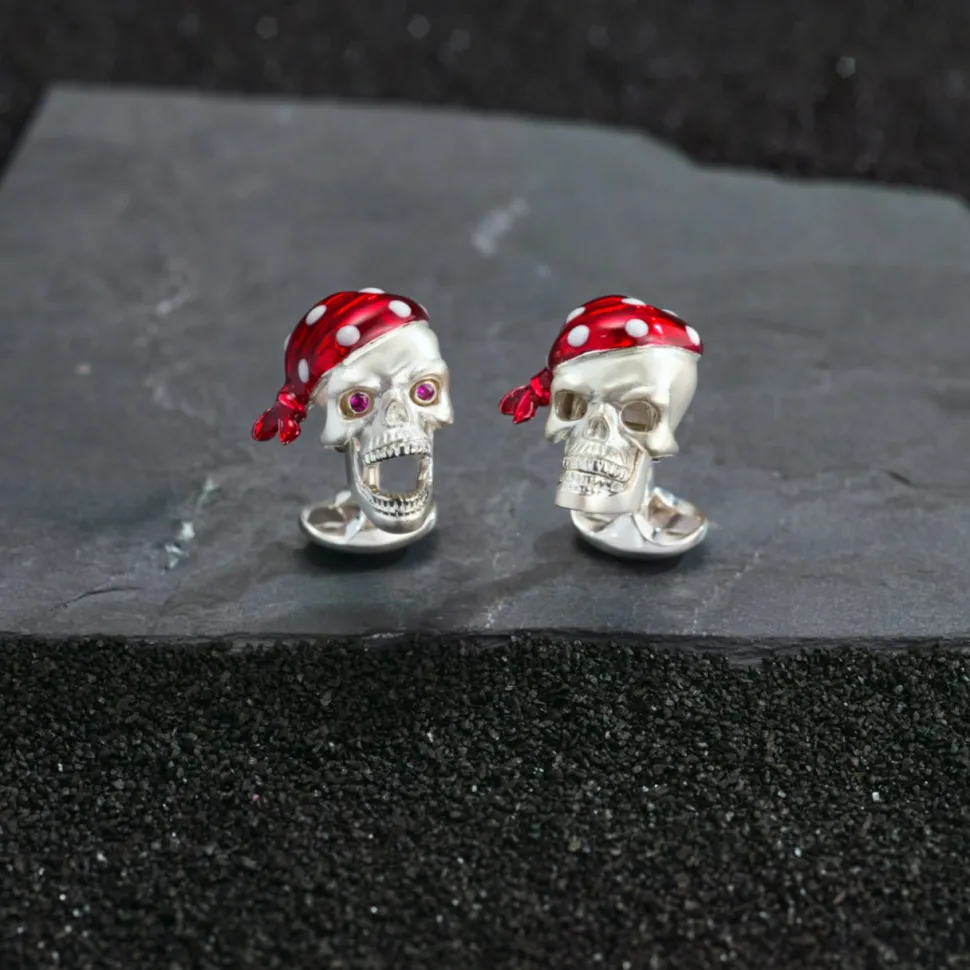 Sterling Silver Pirate Skull Cufflinks with Ruby Eyes