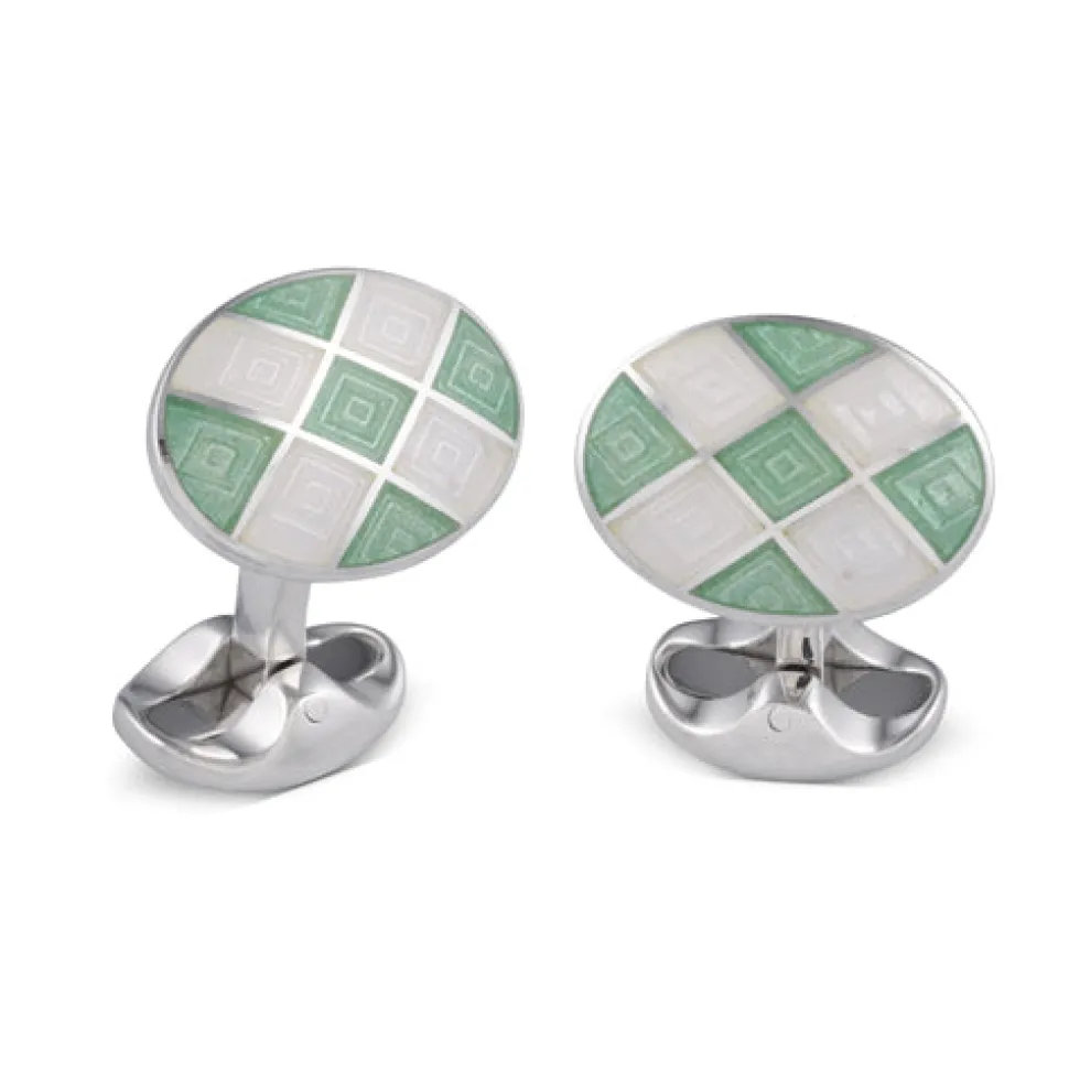 Sterling Silver Plain Green And Clear Enamel Cufflinks