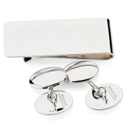 Sterling Silver Plain Oval Cufflinks and Money Clip Set