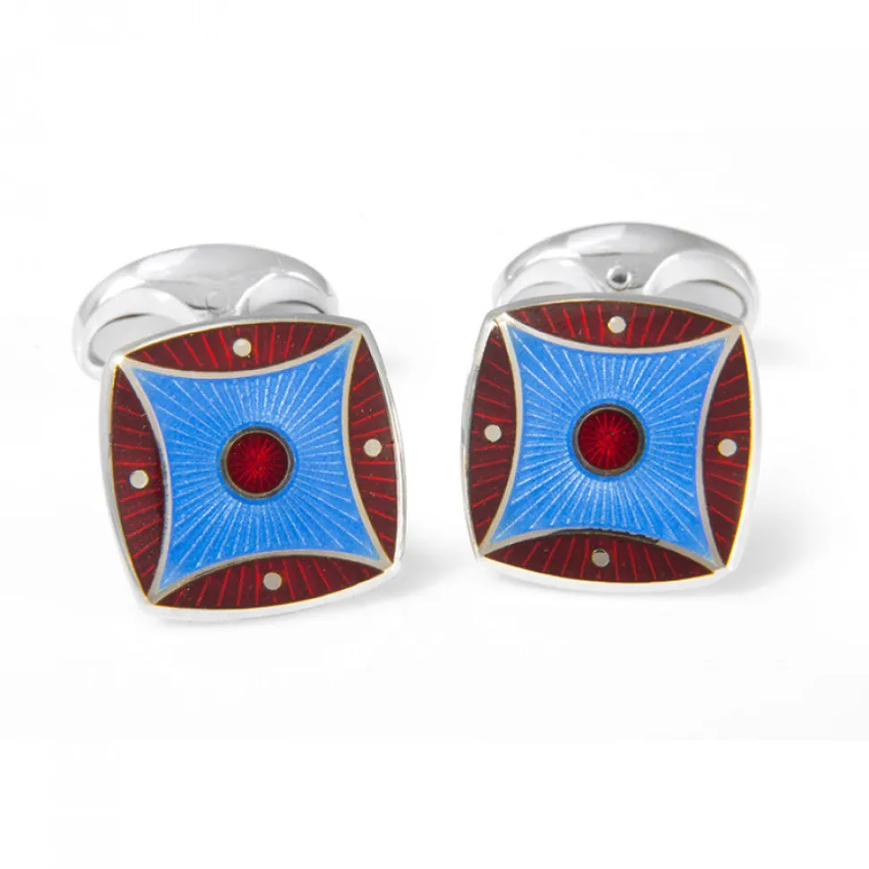 Sterling Silver Red & Sky Blue Pattern Enamel Cufflinks