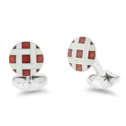 Sterling Silver Red And Clear Enamel Lattice Design Cufflinks