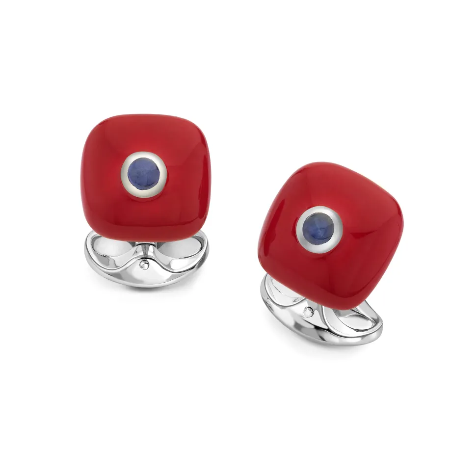 Sterling Silver Red Enamel Cufflinks With Sapphire Centre