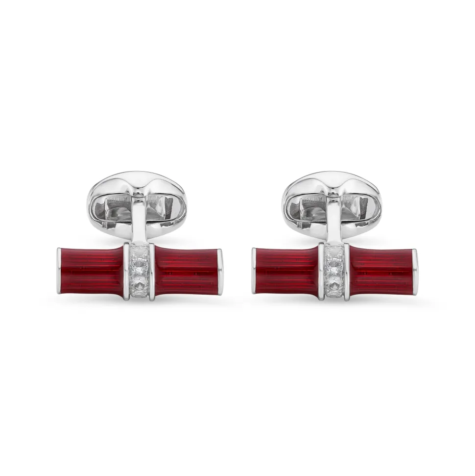 Sterling Silver Red Enamel & White Spinel Centre Bar Cufflink