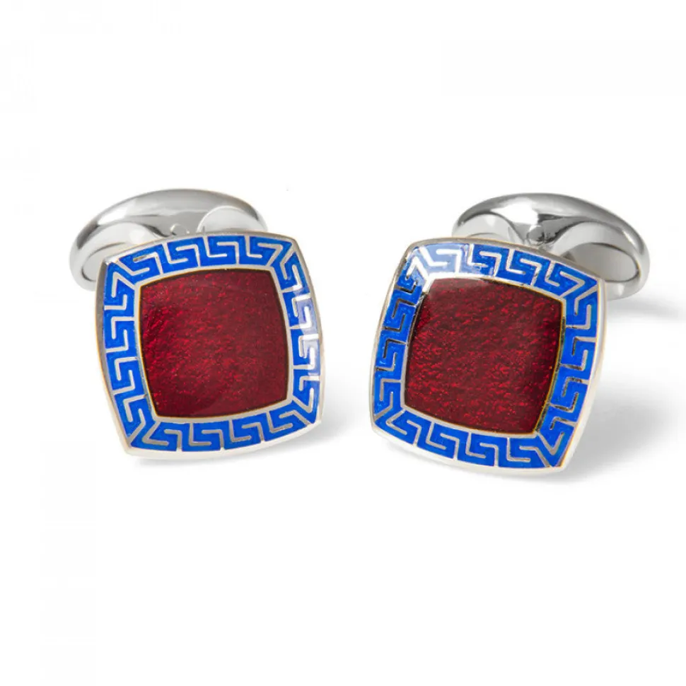Sterling Silver Red Enamel Cufflinks with Blue Patterened Border