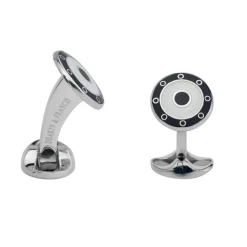 Sterling Silver Round Black & Clear Enamel Cufflinks