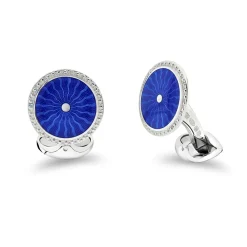 Sterling Silver Round Blue Enamel Cufflinks With Detailed Border